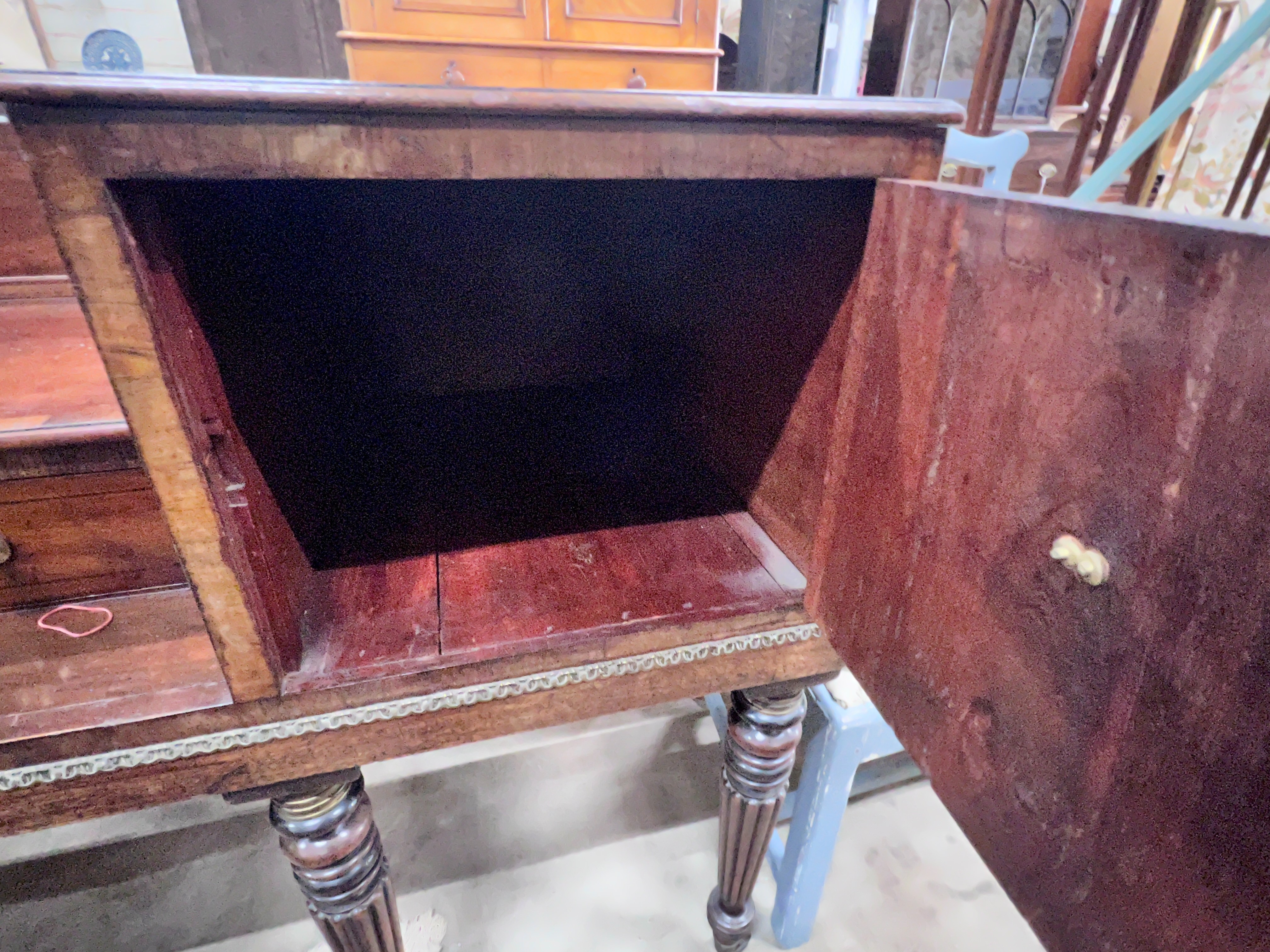 An early 19th century rosewood banded mahogany desk converted from a square piano, length 165cm, depth 62cm, height 99cm